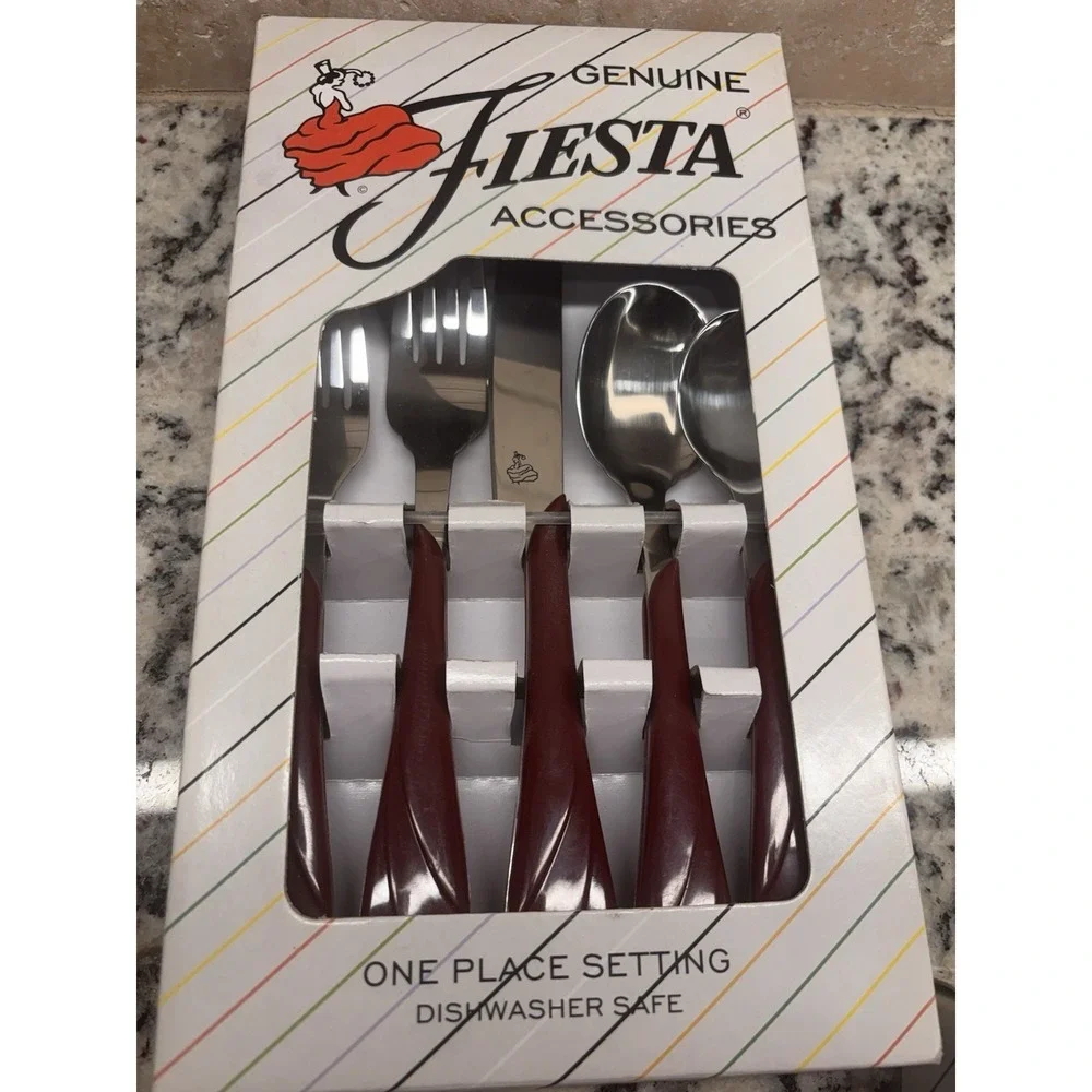 Vtg. Fiesta Fiestaware CINNABAR Maroon Swirl Stainless Flatware 5 Pc Setting NEW